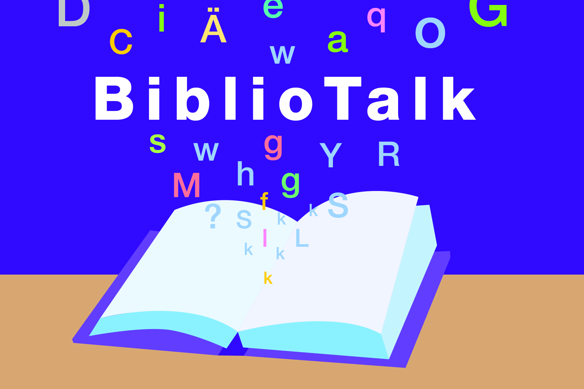Ein aufgeschlagenes Buch vor violettem Hintergrund, aus dem Buchstaben aufsteigen, die das Wort «BiblioTalkr» bilden. 